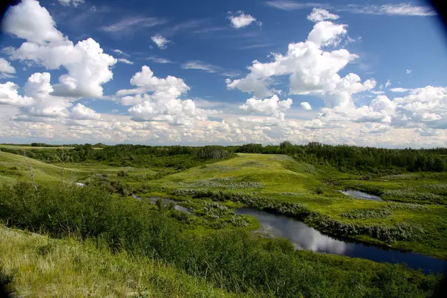 Creek winding through the valley under a big sky